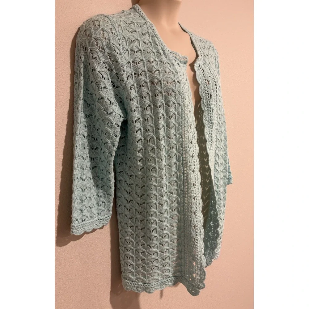 Isaac Mizrahi Aqua Crochet Knit Open Cardigan Sweater Sz L Cotton Blend Coastal